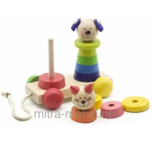 Детская игрушка каталочка с пирамидками "Котик+собачка"